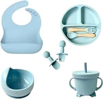 Conjunto De Introdução Alimentar em Silicone Talheres De Bebê De 8 Peças Babador Pratinho Copinho (Azul Claro)